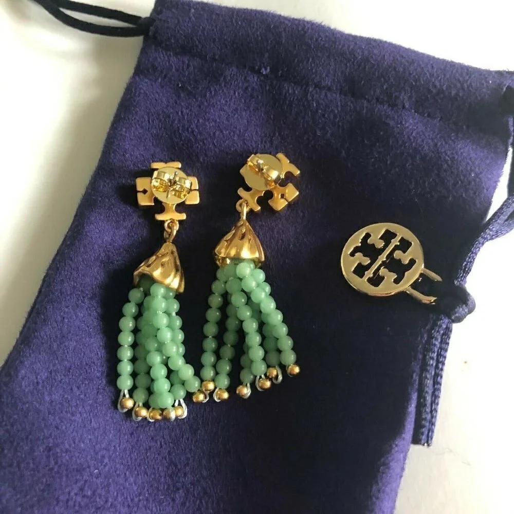 Tory Burch Roxanne Tassel Drop Earrings Mint Green Beaded Gold Tone Statement
